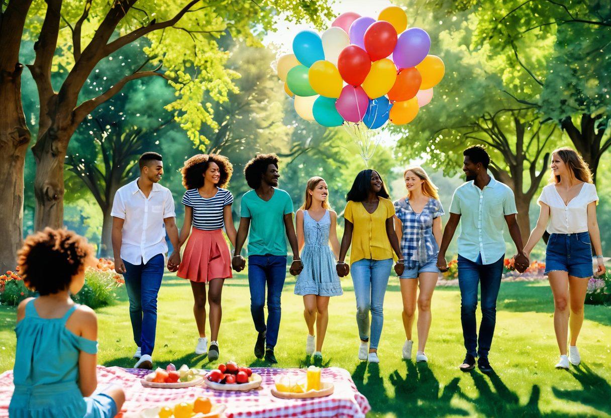 A diverse group of people holding hands in a vibrant park, surrounded by blooming flowers and colorful balloons. Joyful expressions on their faces, symbolizing love and connection. Sunlight filtering through green trees, creating a warm and inviting atmosphere. A picnic spread in the foreground showcasing community togetherness. watercolor style. vibrant colors. soft focus.