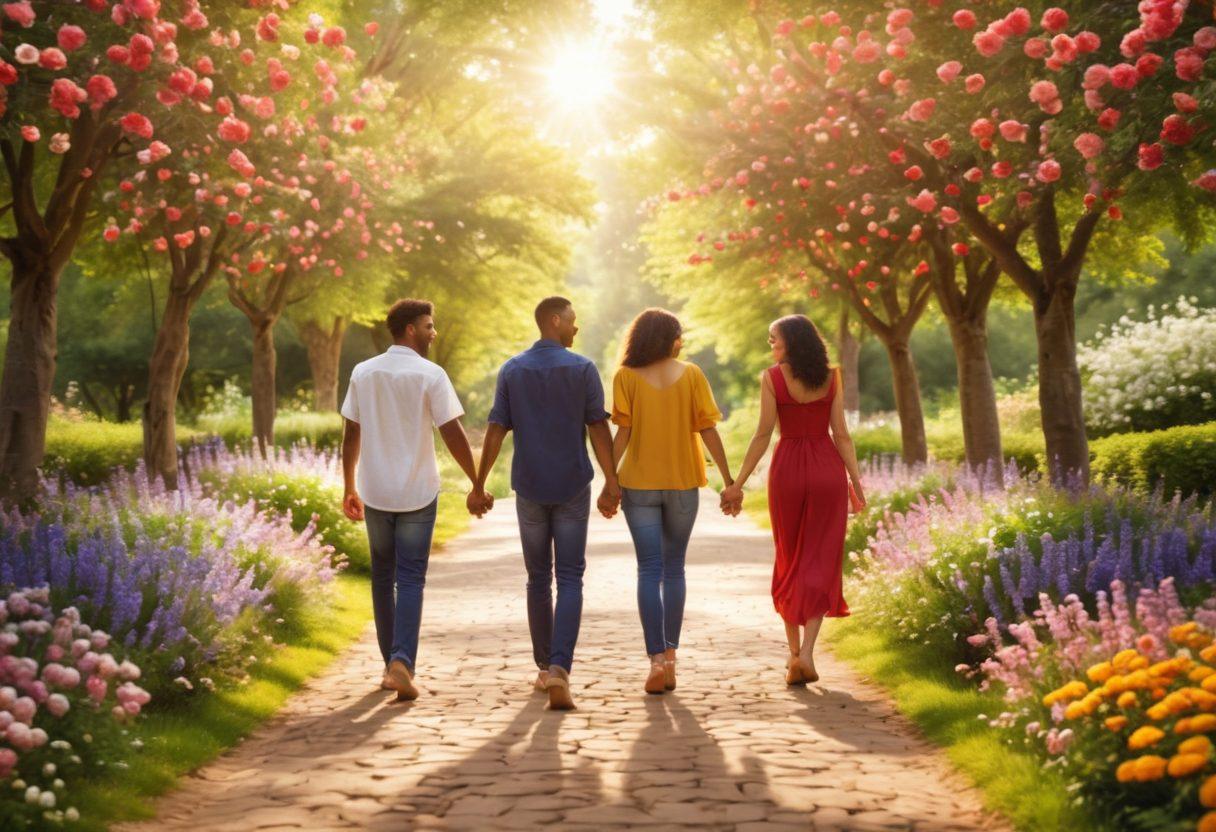 A heartwarming scene featuring diverse couples and friends walking hand in hand along a picturesque path adorned with blooming flowers and soft sunlight filtering through the trees. Include symbols of love like hearts and intertwined hands in the background, capturing moments of laughter and joy. Vibrant colors enhance the feeling of connection and togetherness. super-realistic. vibrant colors. soft focus.