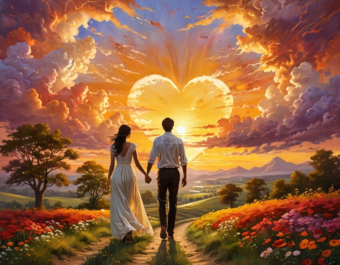 A serene and vibrant couple walking hand-in-hand through a picturesque landscape, symbolizing their journey of love; the sun setting in the background casts a golden glow, creating a romantic atmosphere; heart-shaped clouds form in the sky, adding a whimsical touch; soft petals floating around them, representing passion and devotion. super-realistic. vibrant colors. romantic atmosphere.